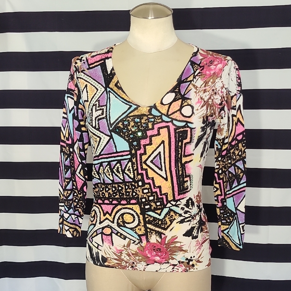 Alberto Makali Pink and Blue Graphic Fitted Blouse